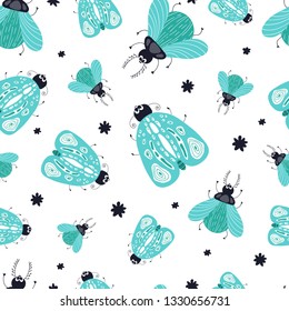 Vector seamless pattern with cute cartoon bug or beetle, flat and doodles, scandinavian style. Ideal for print, textile, fabric