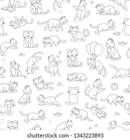 Vector seamless pattern of cute cartoon style cat in different poses. Animal character illustration for children. Hand drawn line drawings of funny kitten. Repeat background with pets for kids