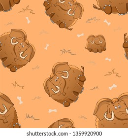 Vector seamless pattern with cute cartoon fat mammoth and bones. Funny animals. Thick amusing beasts. Texture on beige background. Template for comic decor, fabric design, packaging or clothing