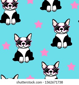 Patrón vectorial sin fisuras con adorables cachorros de perro de caricatura en gafas. Se puede utilizar como fondo, papel pintado, tela y para otro diseño.Diseño de Bulldog francés con estrellas