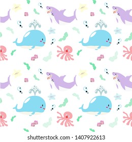 Vector Seamless Pattern Cute Cartoon fish in the sea such as Blue Whale , Shark , Octopus in white background.
