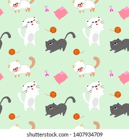 Vector Seamless Pattern Cute Cartoon Siamese Cats in green background.