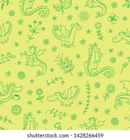 Vector seamless pattern with cute cartoon dragons and plants on green background. Summer time.