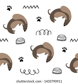 Vector seamless pattern with cute cartoon dachshunds. Flat, Doodle, character
