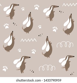 Vector seamless pattern with cute cartoon dachshunds. Flat, Doodle, character
