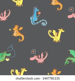 Vector seamless pattern with cute cartoon dragons plants on dark  background. 
