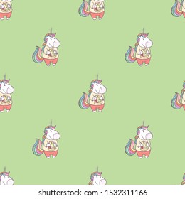 Vector seamless pattern with cute cartoon unicorn eating tasty pizza