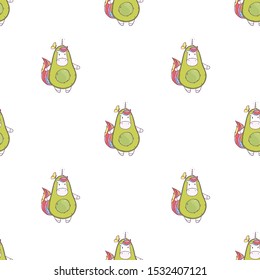 Vector seamless pattern with cute cartoon unicorn in avocado costume 