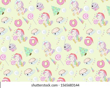 Vector seamless pattern with cute cartoon unicorn and donuts. Unicorn with santa claus hat. The unicorn kid eats delicious candy. Seamless pattern transparent background.