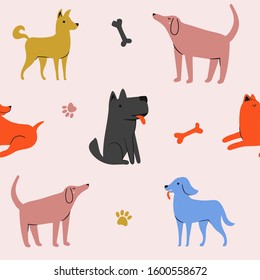 Vector Seamless Pattern With Cute Cartoon Style Dogs, Bones And Paws. Domestic Animal Print Design, Pet Lover Background