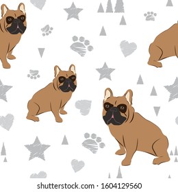 Vector seamless pattern with cute cartoon dog puppies. Can be used as a background, wallpaper, fabric and for other design. french bulldog paw vector repeat background.