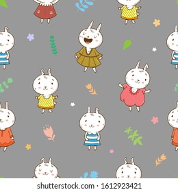 Vector seamless pattern with cute cartoon rabbits in dresses on a gray background. Animals and plants. Children's illustration.