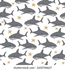Vector seamless pattern with cute cartoon sharks and finger fish. Color seamless background