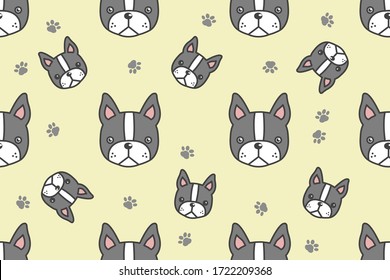 Vector seamless pattern with cute cartoon dog puppy French bulldog on yellow pastel background. Can be used as background , wallpaper, fabric, print, postcard and design.