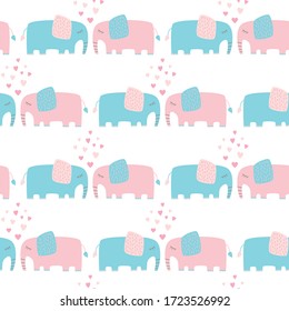 vector seamless pattern with cute cartoon elephants couple in love and hearts