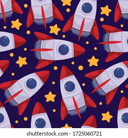 Vector seamless pattern with cute cartoon rockets and stars. Astronomy concept background for kids. Abstract textile texture.