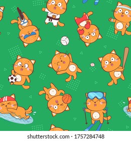 Vector seamless pattern with cute cartoon cat character representing different sports: baseball, football, cycling, swimming, boxing, basketball, volleyball, karate, skiing. Funny cartoon background