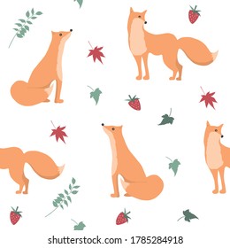 Vector seamless pattern with cute cartoon foxes and floral elements