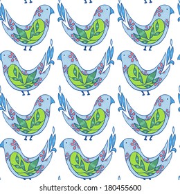 Vector seamless pattern with cute cartoon characters. Spring background with smiling hand drawing bird.