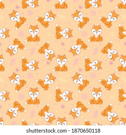 Vector seamless pattern with cute cartoon foxes.