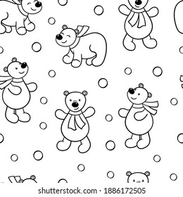 Vector seamless pattern with cute cartoon bear looking at the snow, coloring page