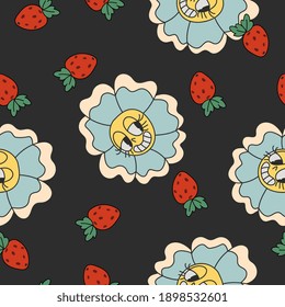 Vector seamless pattern with cute cartoon daisy flowers and straberrys in retro style. Hand drawn texture in vintage doodle style.