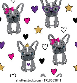 Vector seamless pattern with cute cartoon dog puppies.
Can be used as a background, wallpaper, fabric and for other design. French Bulldog pattern.