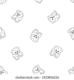 Vector seamless pattern of cute cartoon little kid polar bear cubs, they stands on all legs and smiles. Black Outline children Animals are isolated on white background. Monochrome illustration