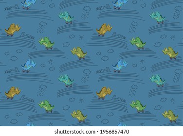 Vector seamless pattern with cute cartoon dinosaurs on skateboards. 
