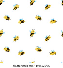 Vector seamless pattern with cute cartoon bees on a white background. Children's illustration for postcards, pajamas, fabrics