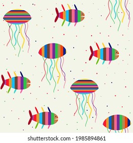 Vector seamless pattern with cute cartoon of Sea animals  of stripes . Pattern for card, invitation, wrapping paper, textile fabric 
