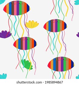 Vector seamless pattern with cute cartoon of Sea animals  of stripes . Pattern for card, invitation, wrapping paper, textile fabric 