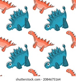 Vector seamless pattern with cute cartoon dinosaur, red and blue. Nice illustration for kids decor, wallpaper, fabric 