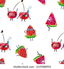 vector seamless pattern with cute cartoon fruits