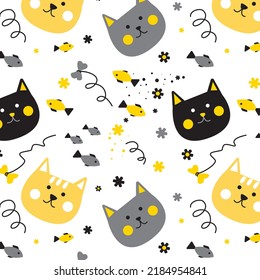 Vector seamless pattern with cute cartoon cats. Can be used as a background, wallpaper, fabric and for other design. Cat vector pattern