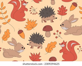 Vektornahtloses Muster mit süßen Cartoon Herbstelementen für Thanksgiving-Day-Dekoration. Kleine Wildtiere - Eichhörnchen, Igel und Hasen im Herbstwald mit gelben Blättern.