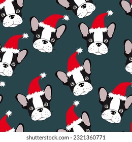 Vector seamless pattern with cute cartoon christmas dog puppies. Can be used as a background, wallpaper, fabric and for other design.French Bulldog pattern