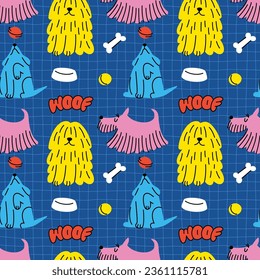 Vector Seamless Pattern with Cute Cartoon Dogs in Doodle Style. Funny Hand Drawn Dog Characters Repeated on Blue Checkered Background