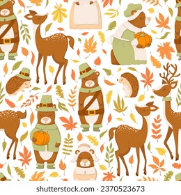 Vector seamless pattern with cute cartoon bears, deers, hedgehogs, autumn leaves and branches isolated on white background. Thanksgiving illustration for card, print, wallpaper, poster