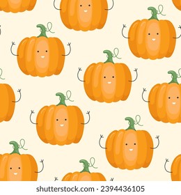 Vector Seamless Pattern with Cute Cartoon Funny Pumpkins. Children Healthy Nutrition Concept. Baby Vegetable Characters