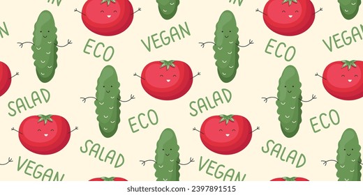 Vector Seamless Pattern with Cute Cartoon Funny Tomato and Cucumber. Children Healthy Nutrition Concept. Baby Vegetable Characters