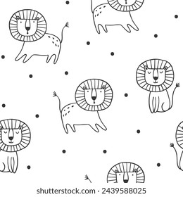 Vector seamless pattern with cute cartoon lion and polka dots in Scandinavian style. Hand draw cute animals in sketch style. Doodle style line art. Jungle animals. Cute baby background.