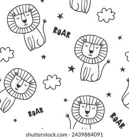 Vector seamless pattern with cute cartoon lion, stars, clouds and lettering ROAR. Hand draw cute animals in sketch style. Doodle style line art. Jungle animals. Cute baby background.