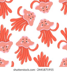Vector seamless pattern with cute cartoon jellyfish in hand-drawn style on a white background. Marine animals, ocean fish for your design