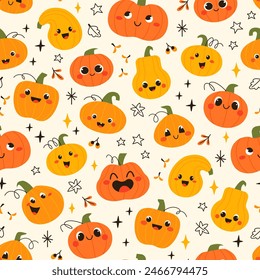 Vector seamless pattern of cute cartoon pumpkins  for Halloween, Thanksgiving, harvest, autumn season design of wrapping paper, textile, wallpaper