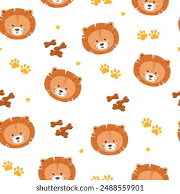 Vector seamless pattern with cute cartoon lions,paws,animal snack and hearts.