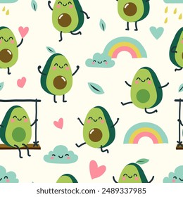 Vector seamless pattern with cute cartoon avocado characters, rainbows, clouds and hearts. Funny parint for kids nursery wallpaper, clothes, cosmetic package, fabric and textile