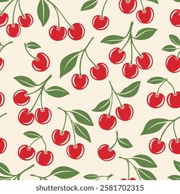 Vector Seamless Pattern with Cute Cartoon Silhouette Cutout Cherry. Single, Pair of Cherries and Cluster of Cherries with Leaves , Repeated Print. Cherry Art, Design Template, Vector Illustration