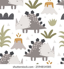 Vector seamless pattern with cute cartoon dinosaurs, tropical plants, leaves and volcanoes. Triceratops. Jurassic period. Jungle. Creative kids texture for fabric, wrapping, textile, wallpaper.