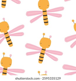 Vector seamless pattern with cute cartoon yellow striped dragonflies on white background. Bug. Insects for kids. Perfect for kids' wallpaper, fabric, wrapping paper, and nursery decor. Scandinavian.